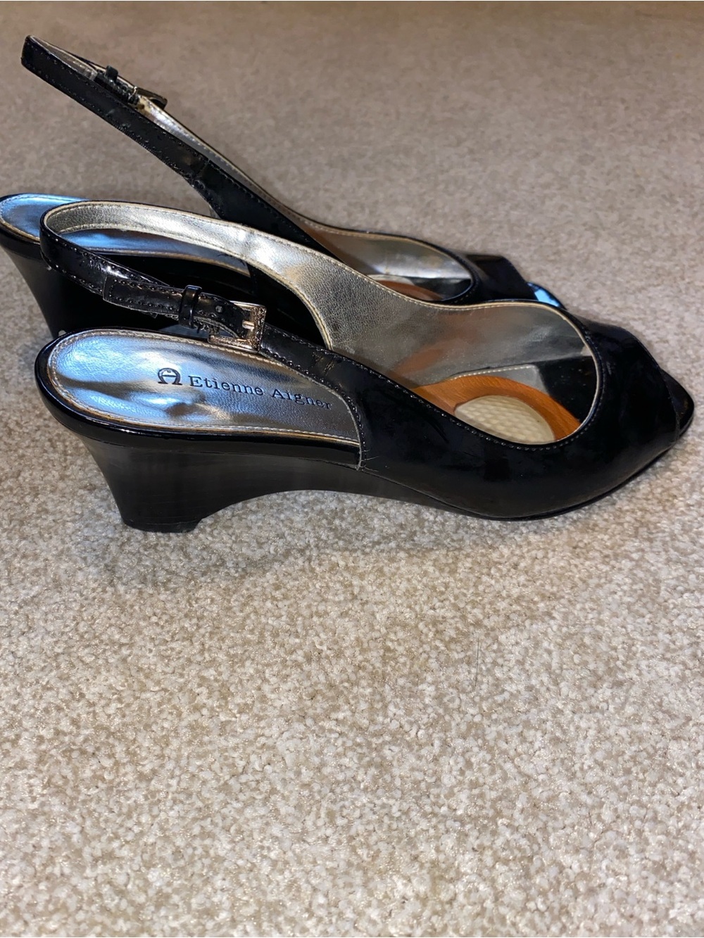 Etienne Aigne Black Slingback Peep Toe Kitten Heel 6.5 M
